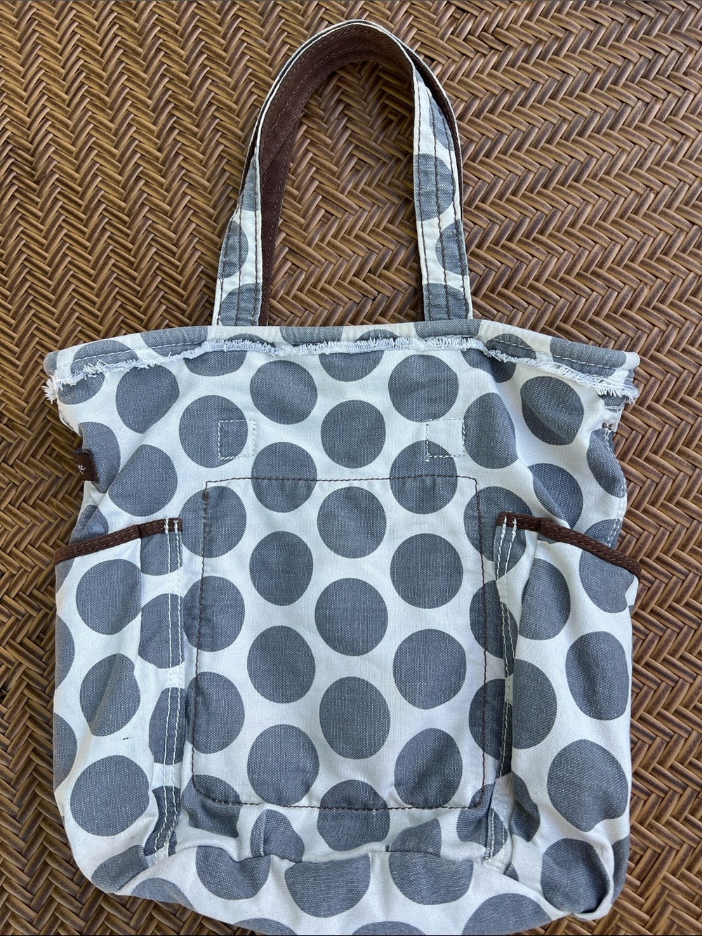 thirty-one Gray Polka Dot Canvas Tote with Brown Handles